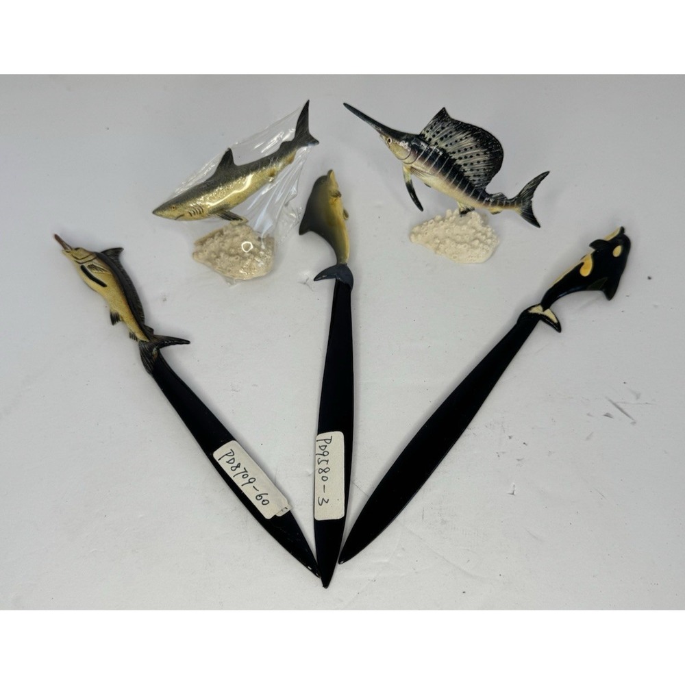 Lot of 5 Vintage Lacquer Painted Fish Letter Openers And Figurines‎ 8"